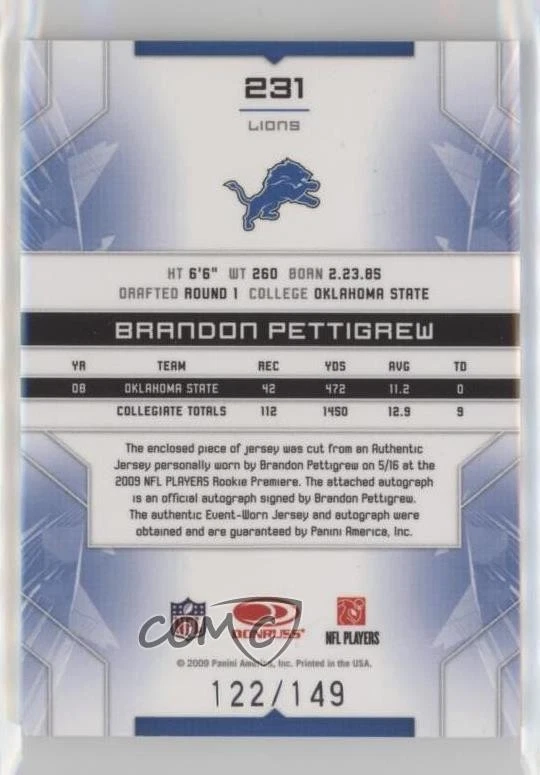 2009 Donruss Limited Phenoms Jersey Prime /149 Brandon Pettigrew Rookie Auto RC - Image 2 of 2