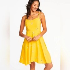 Old Navy Fit & Flare Yellow Ditsy Daisy Floral Dress Extra Large XL EUC