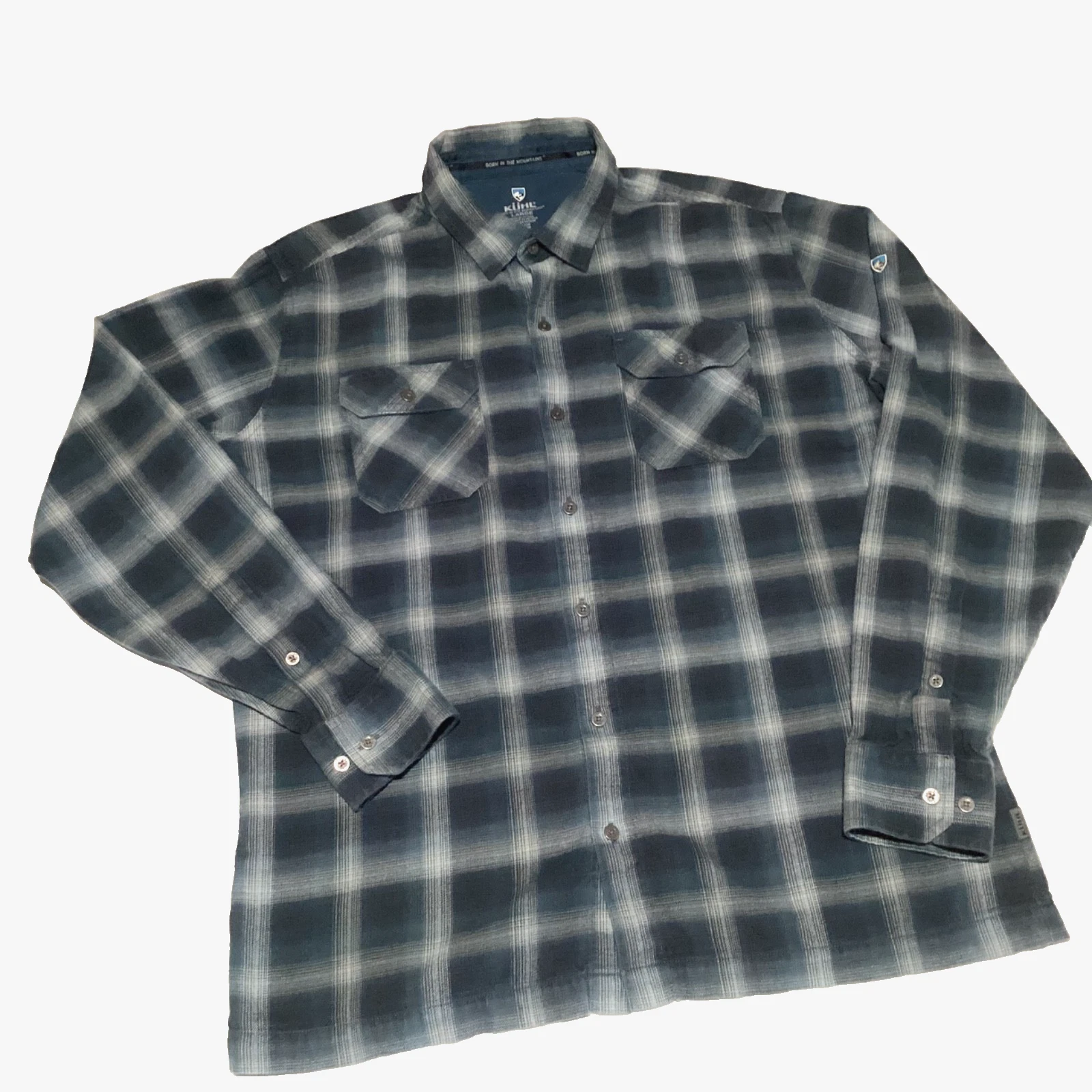 Kuhl Dillingr Flannel Shirt Men’s Large Blu Plaid Gorpcore Outdoor Hiking Casual
