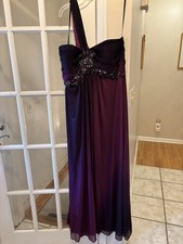 XSCAPE One Shoulder Beaded Glitter Burgundy OmbreProm/Evening Flowy Gown Size 16