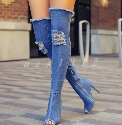 open toe denim boots