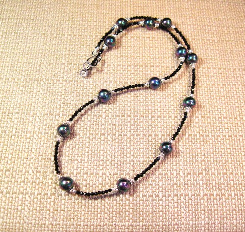 Elegant 19" Silver 65cttw Micro Facetted Spinel & Peacock Pearl Necklace S1 - Picture 3 of 5