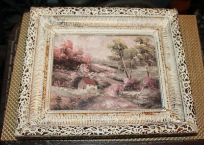 Vintage Oil Painting Nu Mold Creations Signed Collazi Country House Trees Water 