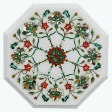 Marble Coffee Table Top Shiny Gemstone Inlay Work Side Table for Cafeteria Decor