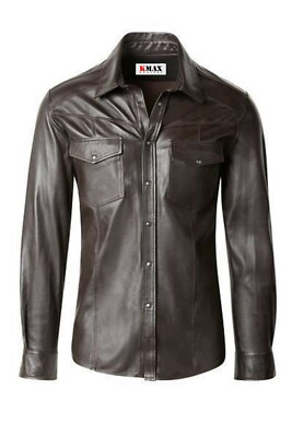 Men's Genuine Lamb Leather Shirt Motorbike Motorcycle Style Fashion Full Sleeve