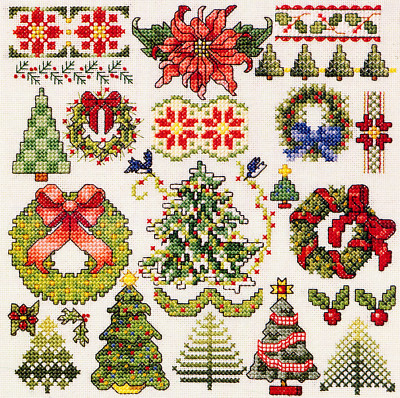 Vintage Kreuzstich Muster Tabelle nur Weihnachten Feiertage Baumkranz Stechpalme