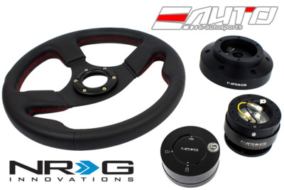 NRG 320mm Race Leather RD St steering wheel w/ 101H Hub Gen2 Release BK Lock LB