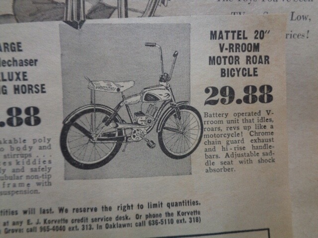 Vintage Ad 1963 Mattel V-rroom Varoom Bicycles motor tricycle