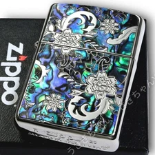 Zippo Oil Lighter Armor Floral Mosaic Shell Inlay Antique Nickel Double Sides