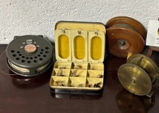 Four Vintage Fishing Reels And Tin Box Of Vintage Flies 