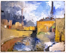 London Riverside Factory cityscape Cubist Oil Painting 30x24 Original Signed BVC