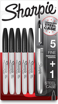 Sharpie Permanent Markers with Stainless Steel Marker Case Fine Point Black 6 Co