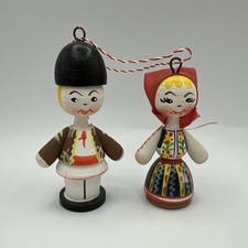Vintage Romanian Peg Doll Folk Dolls Ornament Wooden Hand Painted Christmas