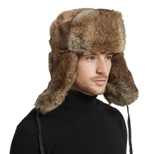 Mens Winter Real Rabbit Fur Aviator Hat Russian Ushanka Hats (Large/22-23in, ...