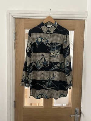 East Size 10 Silk Blouse Oriental Blue Beige Floral Birds Long Sleeve