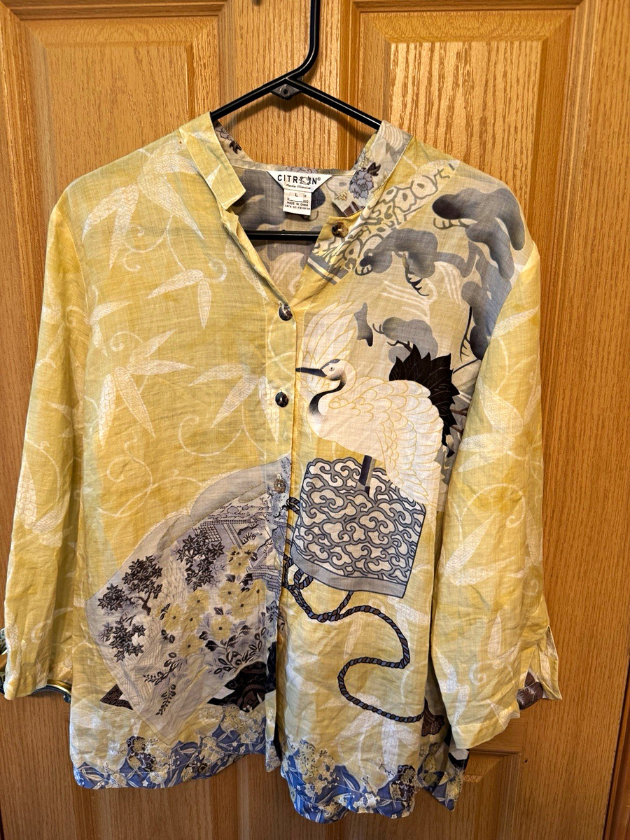 Citron Santa Monica Women's L Rayon Floral Bird Button-Up Blouse 3/4 Sleeve