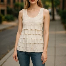 Max Studio Medium White Ruffle Tank Top Tiered Sleeveless Blouse Layered Shirt