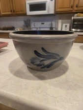 Vintage 2002 Rowe Pottery Salt Glazed Stoneware Bowl  3 Qt Bowl Flower 
