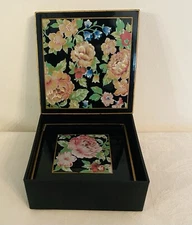 Vintage Otagiri Japan Lacquerware Floral Garden Drink Coasters  Set of 4 w/Case