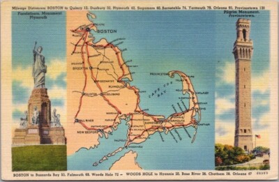 c1940s CAPE COD Massachusetts Postcard Road Map / Monuments - Tichnor Linen