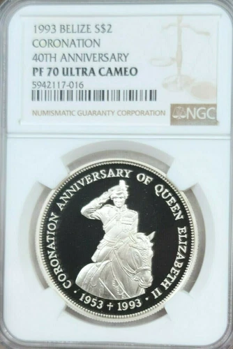 1993 BELIZE SILVER 2 DOLLARS CORONATION ANNIVERSARY NGC PF 70 ULTRA CAMEO POP 1