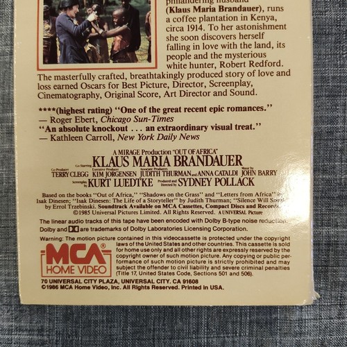 Out Of Africa Robert Redford Meryl Streep A Sydney Pollack Film VHS Tape *Open - Picture 4 of 12