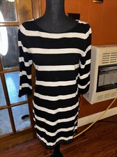 J CREW Black/White Stripe 3/4 Sleeve Shift Tunic Dress Small Curved Side Slits