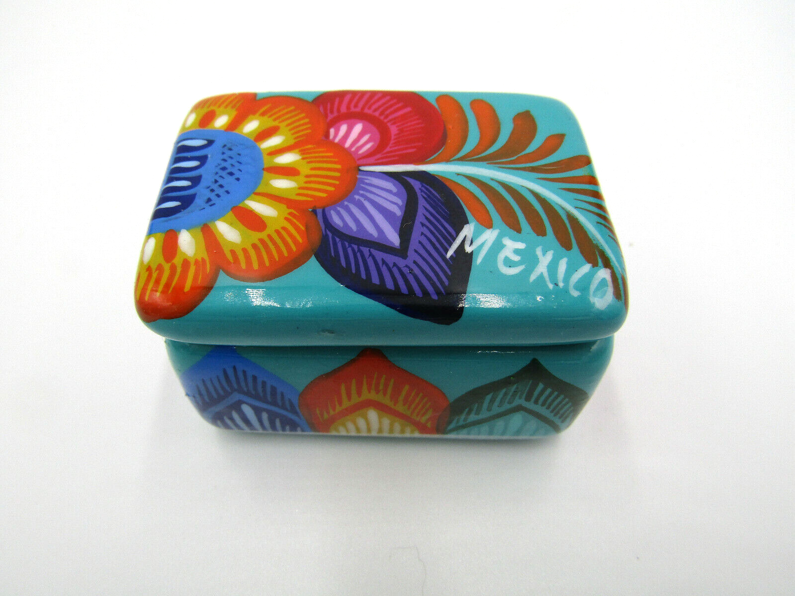 Teal floral small rectangle trinket box handmade in Mexico-image