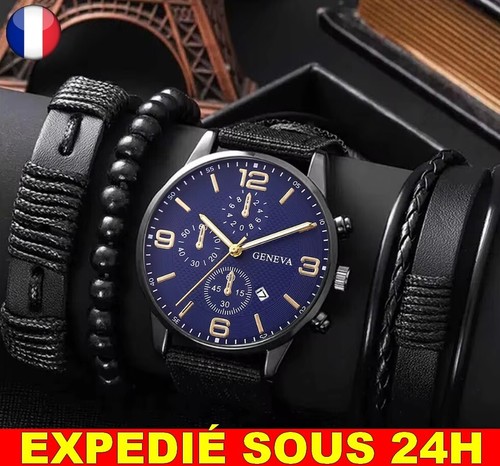 Montre YBOTTI Homme + 3 Bracelets Cuir – Quartz Noir – Sport – Cadeau NEUF