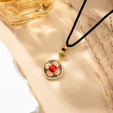 Gold Plated Enamel Shell Inlay Pendant Necklace Palace Style Jewelry