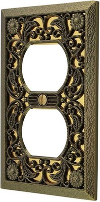 Durable Duplex Wallplate with Intricate Filigree Design - Antique Brass Finish