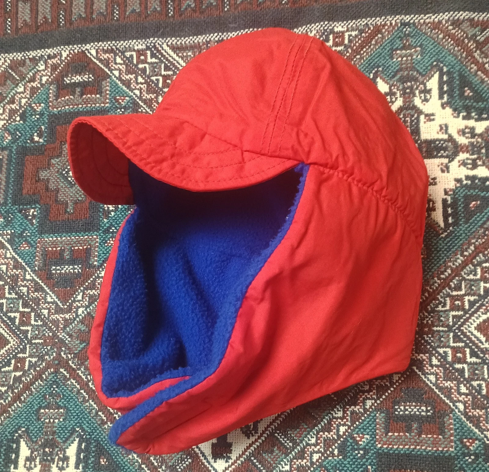 Vintage 90s Lands End Winter Hat Brim Cap Red Ear Flaps Ski Snowboard