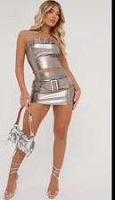 Ego Co-Ord Set Size 8 Silver Faux Leather Bandeau Buckle Belt Corset Top Skirt