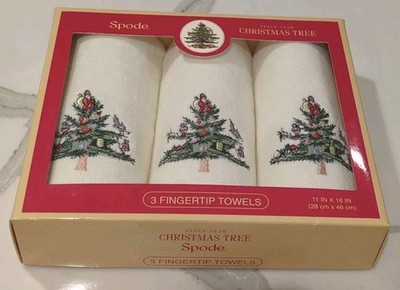 3 pc Spode Christmas Tree Fingertip Towels Red  Border 11''x18'' New In Box