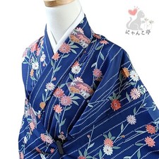 Nyankotei Ni21 Kimono Poly Blue Floral Used Japan