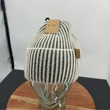 C.C Contrast Stripes Beanie Stretchable Soft Warm Cuff Knit Winter Skully Hat