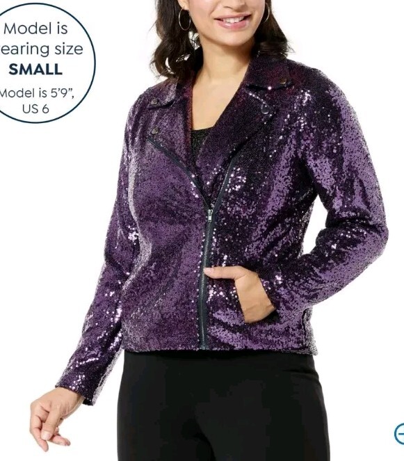 NWT COLLEEN LOPEZ HSN Brown Luxe Sequin Side Zipper 2-Way Moto