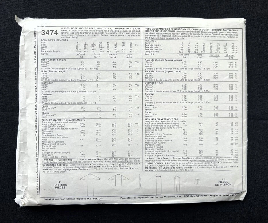 McCall's 3474 Misses Robe-Gown-Camisole-Pants-Shorts 1987 Pattern sz 10-12 Uncut - Image 2 of 3