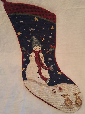 Vintage Handmade Needlepoint Snowman with Bunnies and Cardinal Bird- Velvet Back