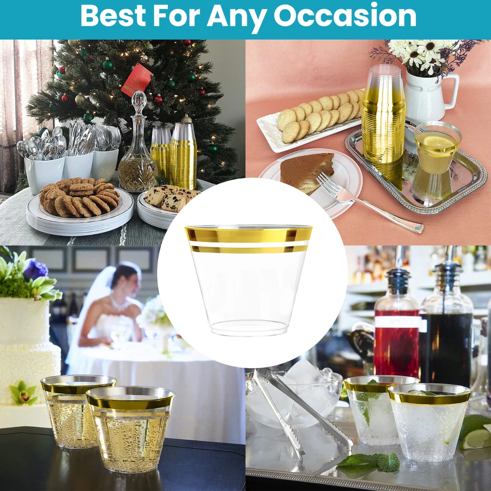 100 Double-Rimmed Gold Plastic Cups 9 Oz Clear Plastic Cups - Image 4 of 4