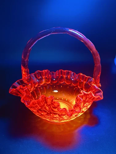 Vintage Fenton Amberina Orange/Red Glass Thumb Print Basket Ruffled Bamboo GLOWS