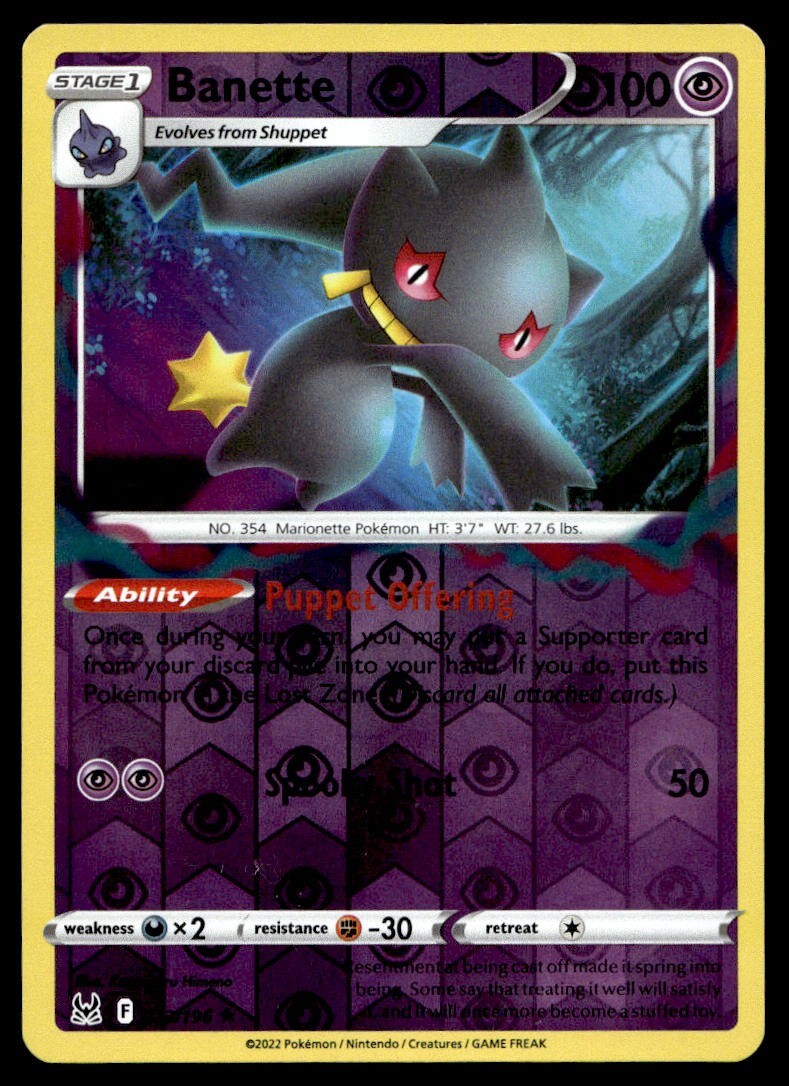 Banette 73/196 Pokemon Card Lost Origin Rare Reverse Holo 100 HP LP H29
