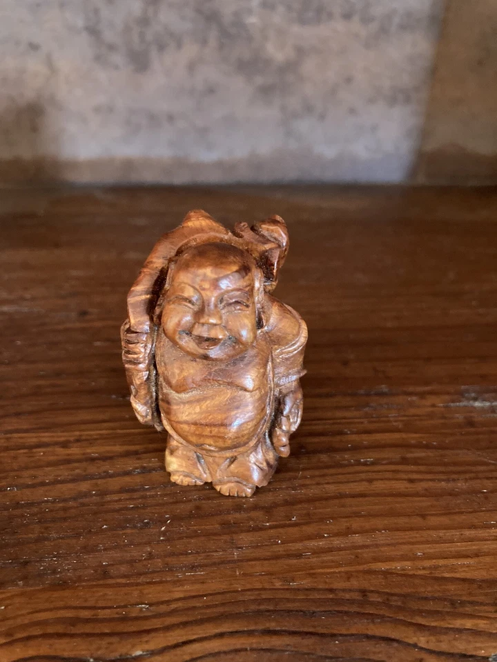 古董雕刻木质快乐佛网介 - 签名! — 第 2/4 张图片
