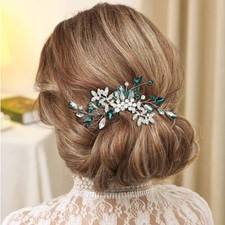 Crystal Bride Wedding Hair Comb Green Rhinestone Leaf Flower Accessory