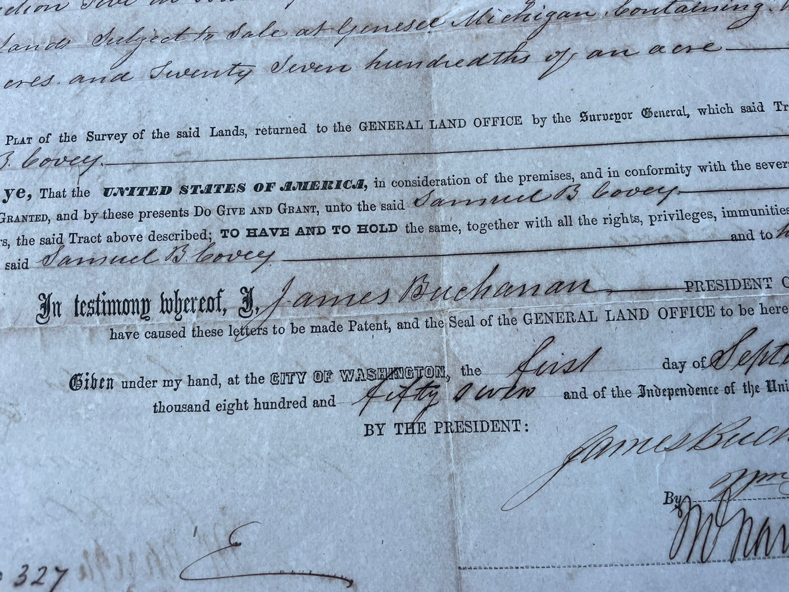 James Buchanan New York Land Grant 1867 on Vellum Historical Document