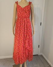 Madewell Womens Dress 8 Red Ruffle Strap Wrap Dress Metallic Striped