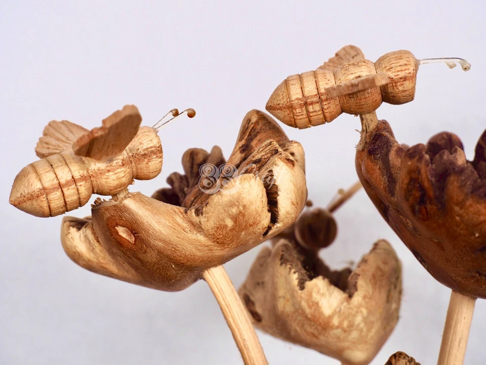 88Craft Wooden Carving Mushroom Bee Parasite Sculpture Ornament Hand Carved - Image 3 of 4