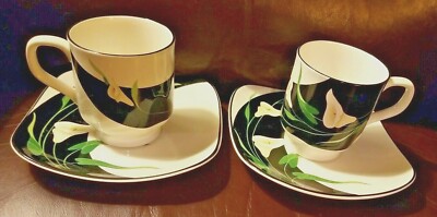 2 Vintage Sango Quadrille Black Lilies Semi-Porcelain Footed Cup