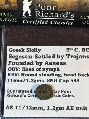 5th C. BC Greek Sicily Settled by Trojans Head of Nymph/Hound AE 11mm Unit CG60
