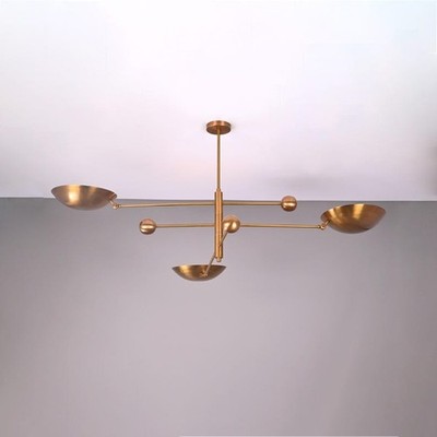 3-Light Brass Patina Chandelier | Mid Century Sputnik Pendant Lamp | Raw Brass